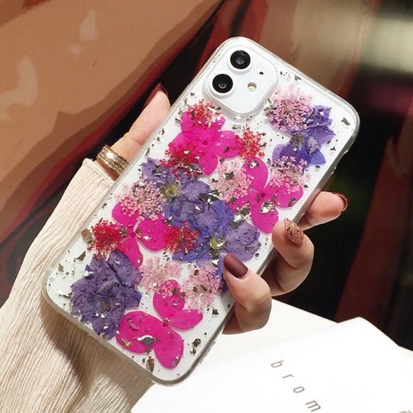 Beautiful Hand Pressed Pink & Purple Flower Glitter iPhone Case - Picture 2 of 16